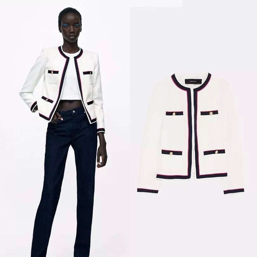 Zara Ecru Blazer Jacket with Contrasting Trim Small
